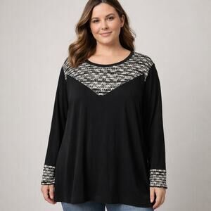 Logo Lori Goldstein Black Lace Yoke Tunic Top XL Boho Stretch Blouse